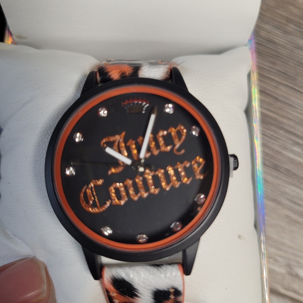 Juicy Couture NIB Black Label Orange Cheetah Print Band Watch NEW
